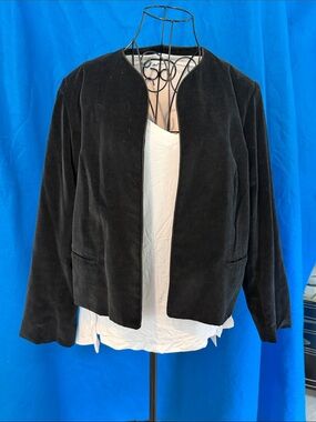 Vintage Sue Brett Black Velvet Blazer Open Front Collarless cotton rayon size 16